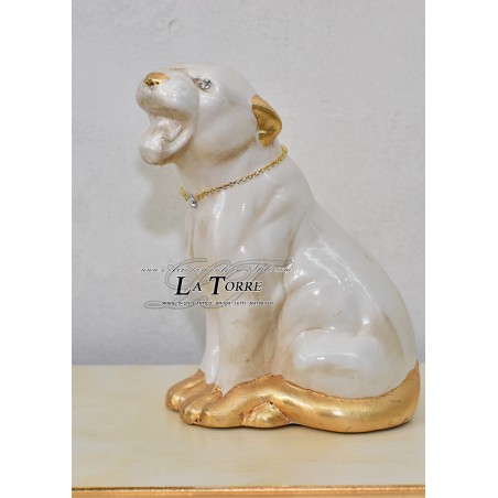 Tierfigur aus Keramik, Junges, Panther, Jaguar, Puma, perlmuttweiß, Blattgold, Swarovski-Kristalle, h30 PR08