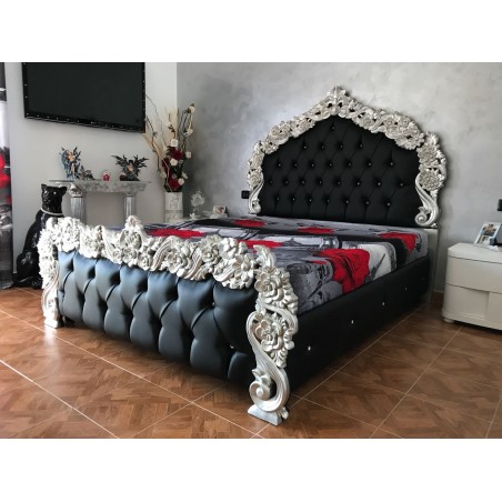 King size double bed with Baroque faux leather container, gold and silver wood PILISSENA