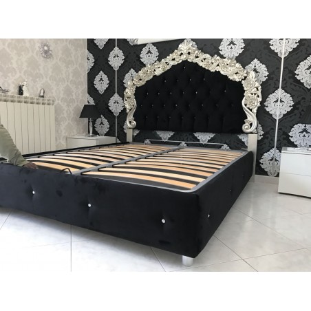 King size double bed with Baroque faux leather container, gold and silver wood PILISSENA