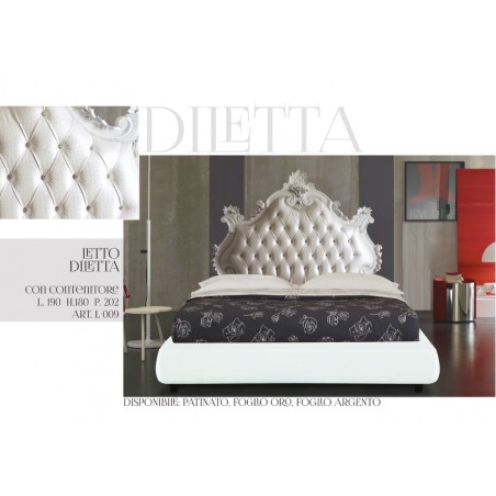 Letto Matrimoniale king size  contenitore ecopelle o vellutino Barocco legno foglia oro o argento qualsiasi colore Diletta