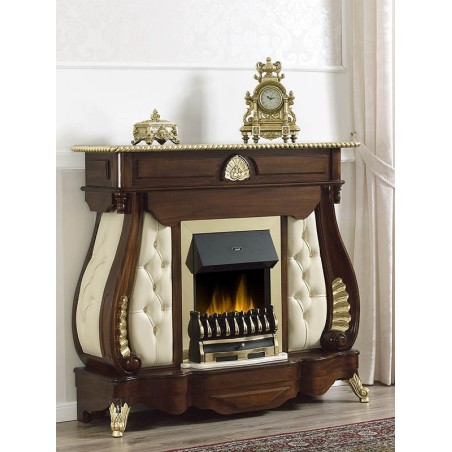 Elektrischer Kaminofen im englischen Barockstil, Nussbaum, Blattgolddetails, Marmor, Creme, Öko-Leder Na26