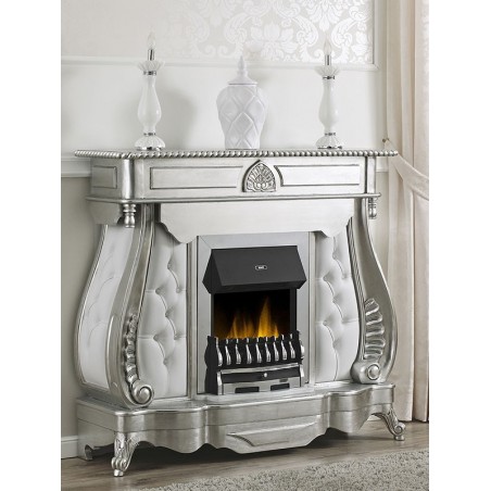 Electric fireplace English Baroque stove silver marble white faux leather Na26