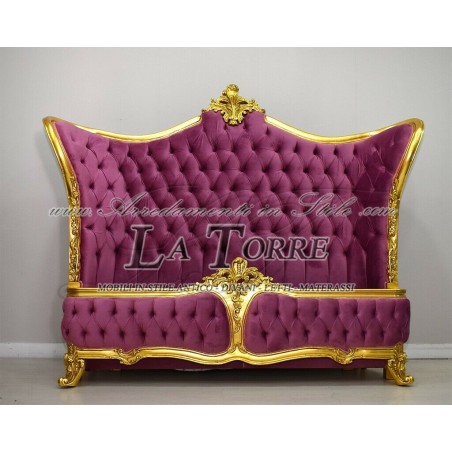Bergère Doppelbett Louis XV Empire Barock Gold Samt Fuchsia Swarovski AL1885