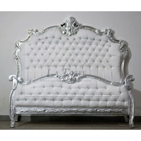 Louis XV Baroque double bed silver white faux leather Swarovski LT2676