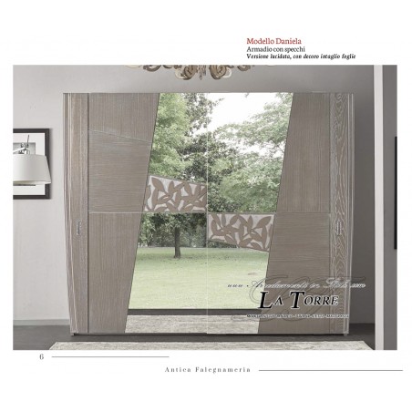 Daniela wardrobe 2 sliding doors modern classic polished wood inlay leaves mirror chest of drawers
