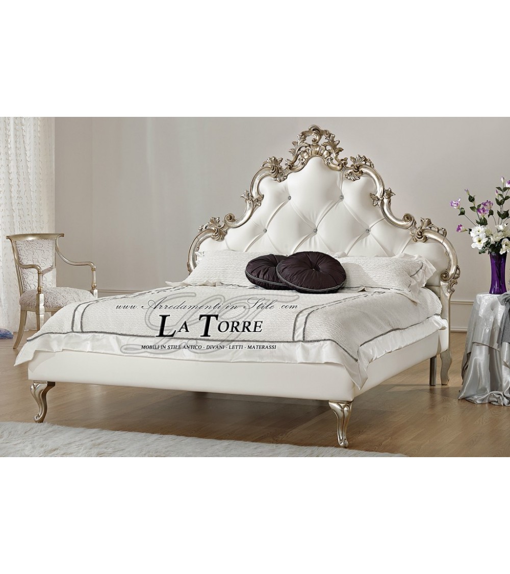 Double bed king size Baroque eco-leather solid wood gold, silver Valentina