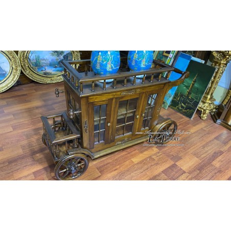 Bottle trolley mobile bar drinks holder in antique style solid walnut wood