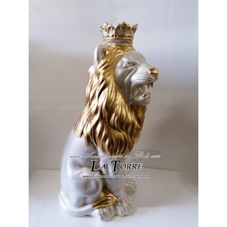 Lion sculpture ceramic statue open mouth pearl white leaf gold swarovski details 85 cm