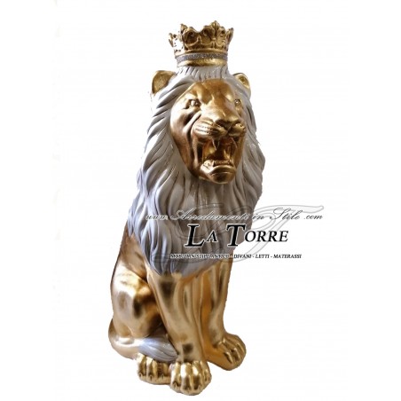 Keramik-Tierstatue, Löwenskulptur, Krone, offenes Maul, perlmuttweiß, Blattgold, Höhe 70 cm, PR06