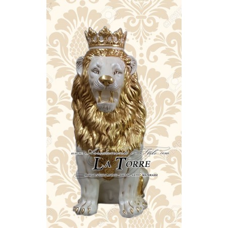 Lion sculpture ceramic statue open mouth pearl white leaf gold swarovski details 85 cm