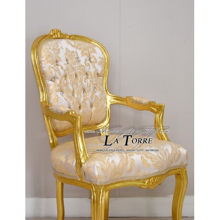 Louis-XV-Futé-Sessel mit goldenen Armlehnen, elfenbeinfarbenem Damaststoff, Barock AR1114