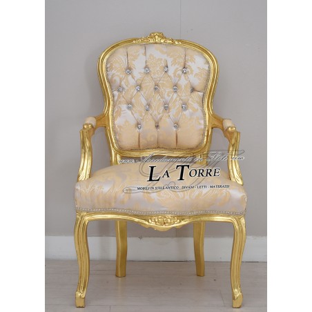 Louis-XV-Futé-Sessel mit goldenen Armlehnen, elfenbeinfarbenem Damaststoff, Barock AR1114