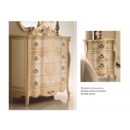 Bedroom triptych Gelsomino night set, dresser, bedside table, classic lacquered with decorations and gold