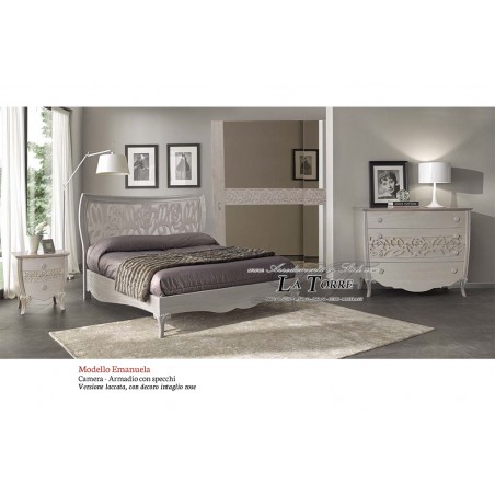 Armadio Emanuela 2 ante scorrevoli moderno classico laccato legno intarsio rose cassettiera specchio
