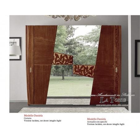 Daniela wardrobe 2 sliding doors modern classic polished wood inlay leaves mirror chest of drawers