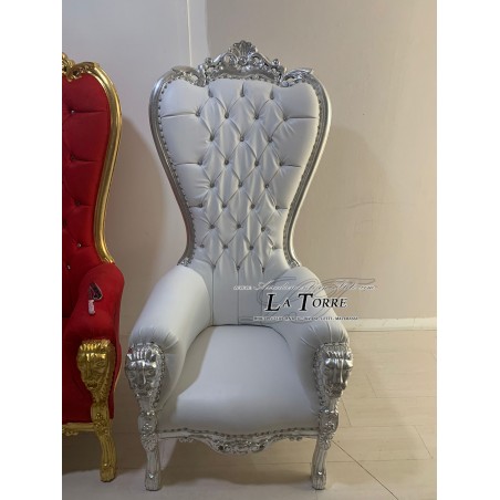 Sedia Poltrona Trono Barocco ecopelle o vellutino bianca argento MA1825