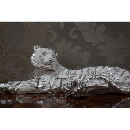 Keramik-Tierstatue, liegender malaysischer Tiger, weiß, silber, Swarovski PR04