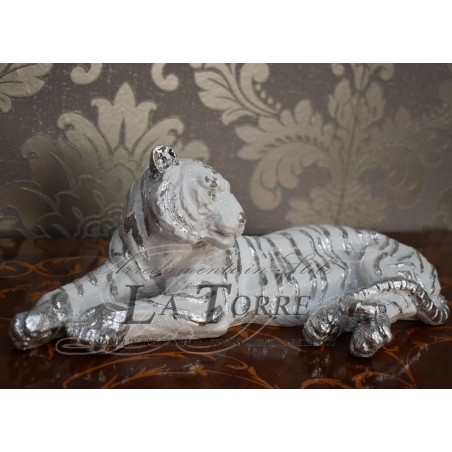 Keramik-Tierstatue, liegender malaysischer Tiger, weiß, silber, Swarovski PR04