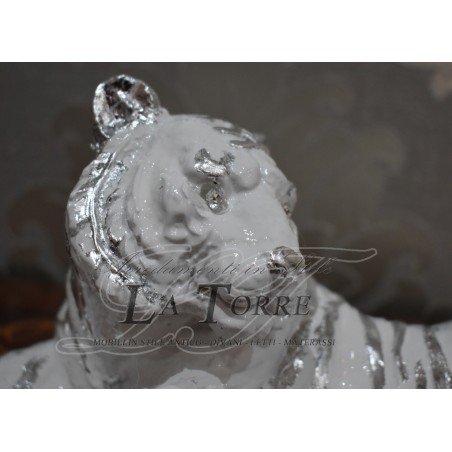 Keramik-Tierstatue, liegender malaysischer Tiger, weiß, silber, Swarovski PR04
