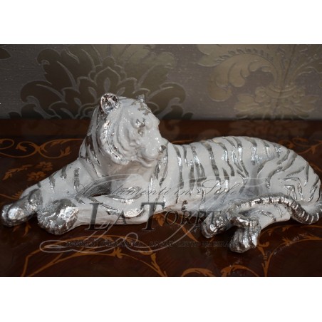 Keramik-Tierstatue, liegender malaysischer Tiger, weiß, silber, Swarovski PR04