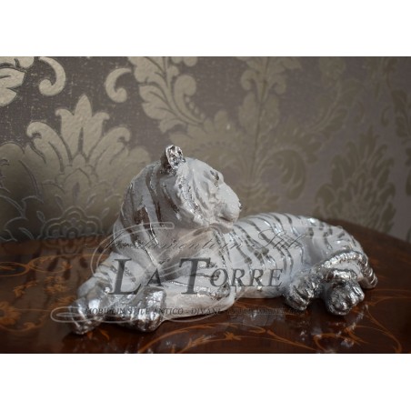 Keramik-Tierstatue, liegender malaysischer Tiger, weiß, silber, Swarovski PR04
