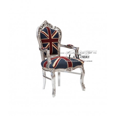 Sedia Poltrona Still Luigi XV Barocco Impero argento tessuto Inglese AL2729