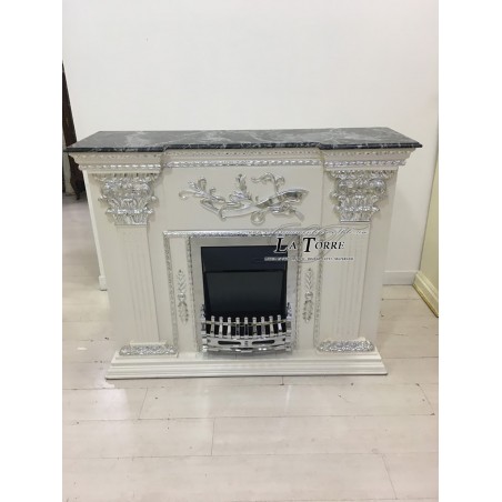 Camino elettrico Kamin fireplace legno massello Barocco Inglese bianco e argento 420B