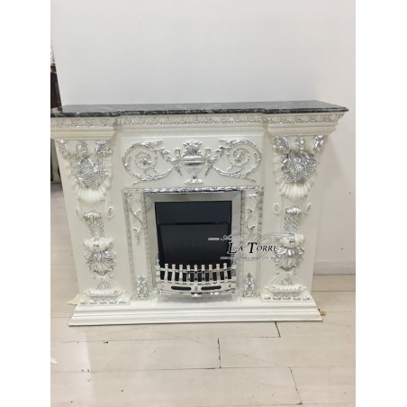 Camino elettrico Kamin fireplace legno massello Barocco Inglese bianco e argento 421B
