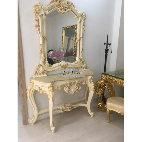 Louis XV Baroque console table with mirror in ivory gold leaf marble AL2448