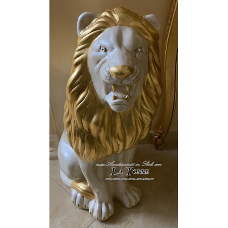 Keramische Tierstatue, Löwe mit offenem Maul, Elfenbein, Gold, Swarovski, Höhe 70 cm, PR13