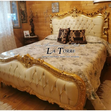 Anouk Barock-Doppelbett Louis XV in Gold Swarovski Elfenbein Öko-Leder LT2679