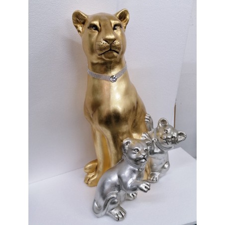 Keramische Tierstatue, Löwin (gold) und Junge (silber), Swarovski-Kristalle, Höhe 100 cm, PR01
