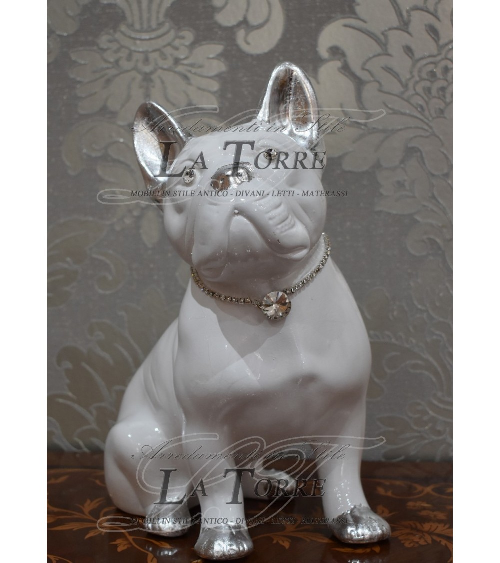 Animali in ceramica statua scultura cucciolo cane bulldog francese bianco  argento swarovski h30cm PR09