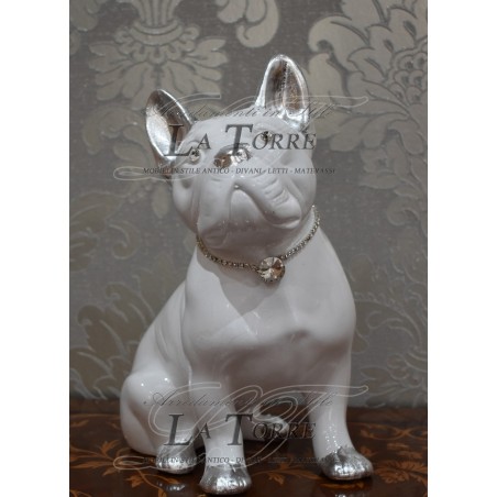 Statue sculpture puppy dog french bulldog dog white silver swarovski animals ceramic