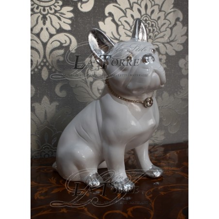 Animali in ceramica statua scultura cucciolo cane bulldog francese bianco argento swarovski h30cm PR09