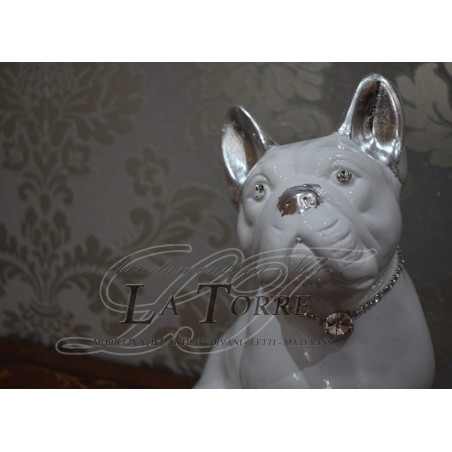 Animali in ceramica statua scultura cucciolo cane bulldog francese bianco argento swarovski h30cm PR09