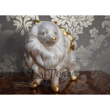 Statua scultura cucciolo cane volpino dog bianco perlato oro swarovski animali ceramica PR17