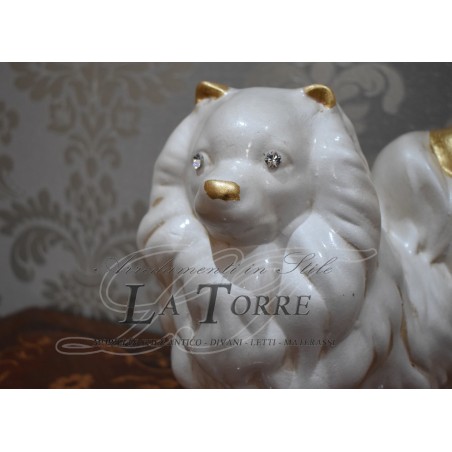 Statua scultura cucciolo cane volpino dog bianco perlato oro swarovski animali ceramica PR17