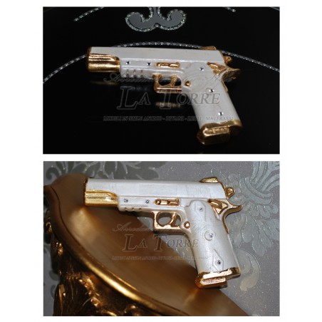 Beretta pistol weapon in pearlescent ceramic with swarovski gold leaf 9x21 ornament