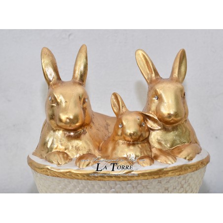 Statua scultura mamma coniglio con cuccioli oro e avorio animali ceramica PR35
