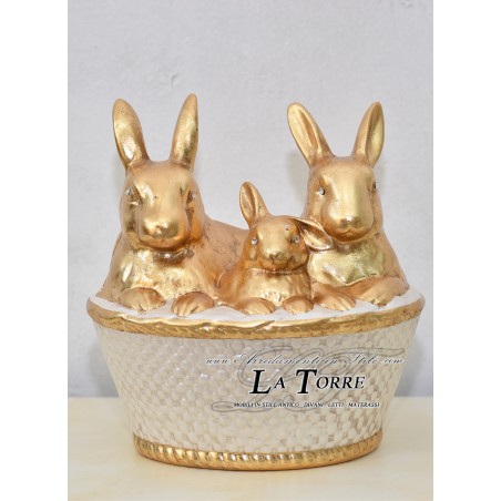 Statua scultura mamma coniglio con cuccioli oro e avorio animali ceramica PR35