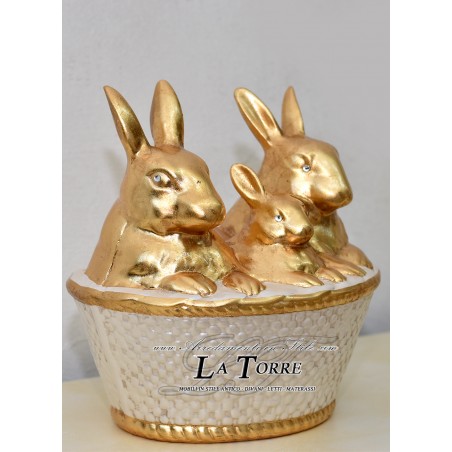 Statua scultura mamma coniglio con cuccioli oro e avorio animali ceramica PR35