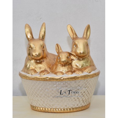 Statua scultura mamma coniglio con cuccioli oro e avorio animali ceramica PR35