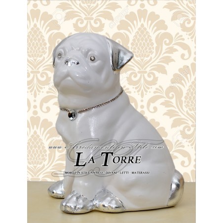 Statua scultura cucciolo carlino dog white swarovski animali ceramica H30cm PR36