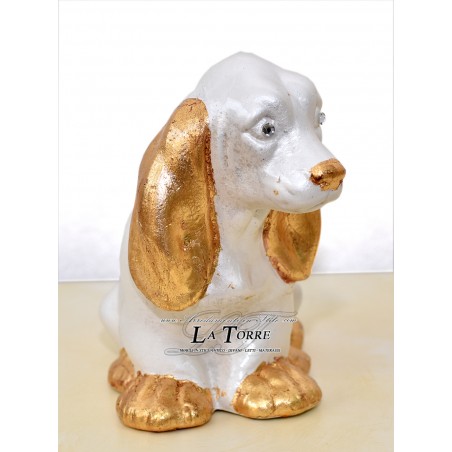 Skulptur eines Dackelwelpen aus perlmuttweißem Gold mit Swarovski-Kristallen, Tierkeramik PR38
