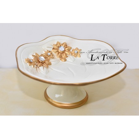 Portafrutta scultura girasole ceramica avorio e oro swarovski PR39