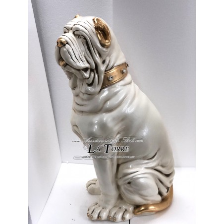Animali in ceramica scultura cane statua bianco perlato e oro con Swarovski mastino H90cm PR51