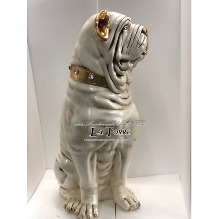Animali in ceramica scultura cane statua bianco perlato e oro con Swarovski mastino H90cm PR51