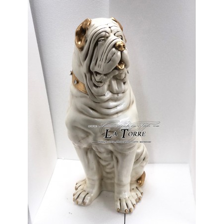 Keramische Tierskulptur, Hundestatue, perlweiß und goldfarben mit Swarovski-Kristallen, Mastiff, H 90 cm, PR51