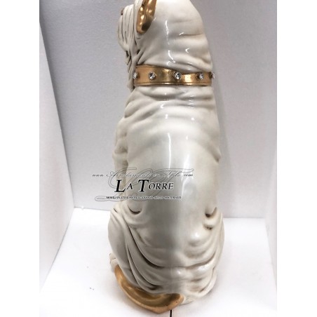 Animali in ceramica scultura cane statua bianco perlato e oro con Swarovski mastino H90cm PR51